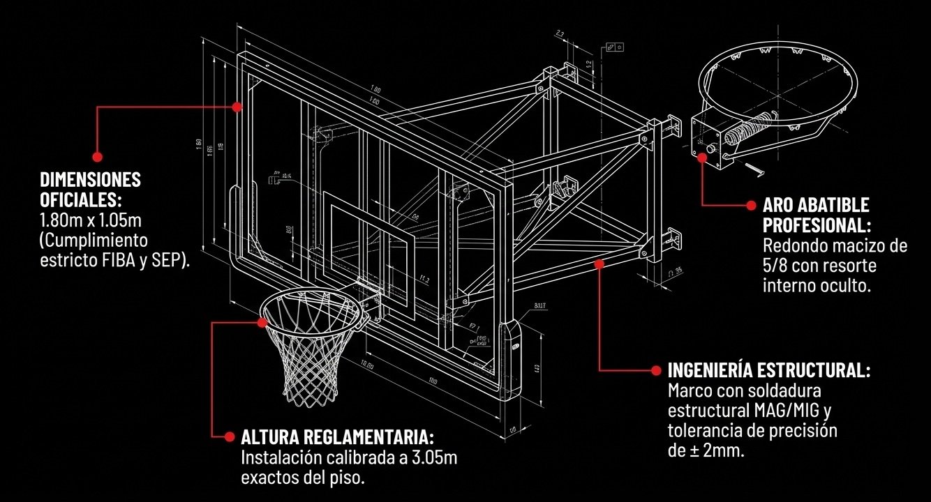 Dimensiones Oficiales: Fabricación bajo medidas reglamentarias FIBA para basquetbol profesional.